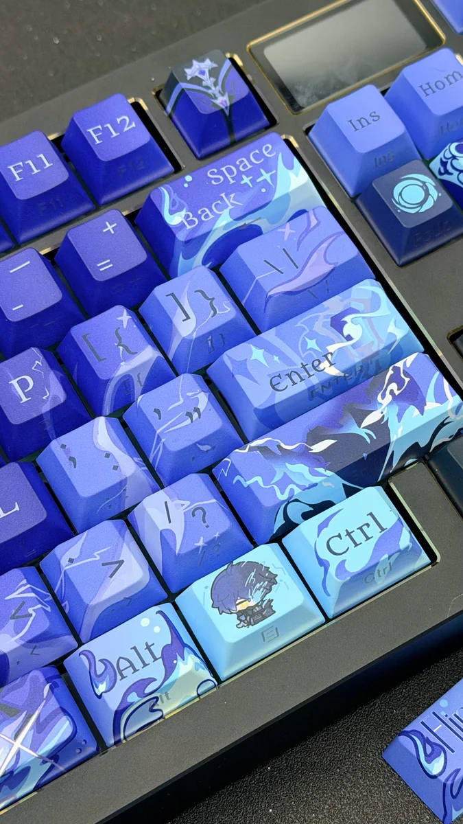 Close-up of an exclusive Genshin Impact Flins side-legend keycap set, showcasing its vibrant anime art and unique design from multiple angles on a keyboard.