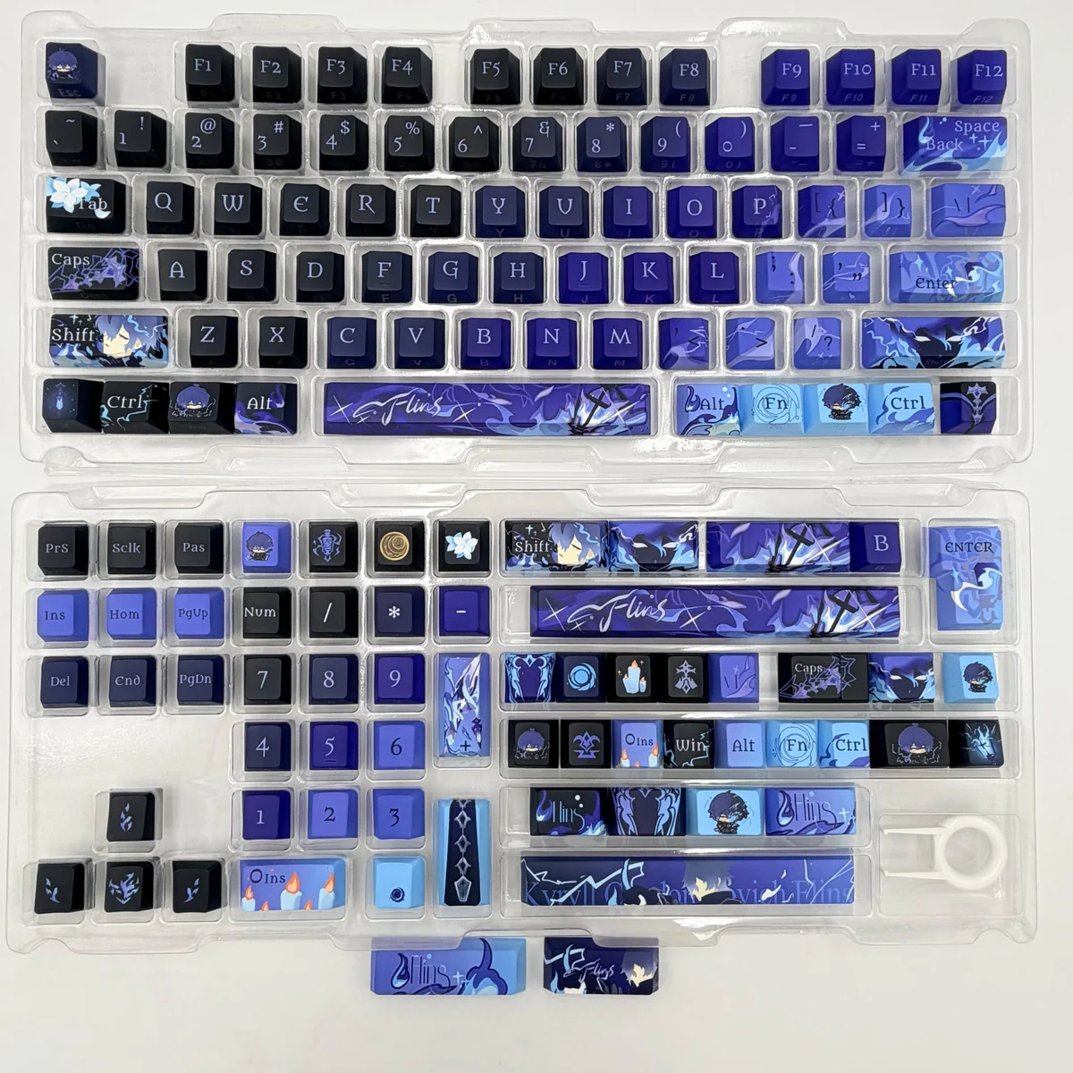 Exclusive Genshin Impact Flins side-legend keycap set, artfully displayed from a distinct angle, highlighting its dynamic anime character and minimalist design.