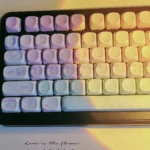 Geometric Gradient Keycap Set: serene pink-blue PBT dye-sublimated, shown from multiple angles. Features clean geometric patterns for an artistic desktop.