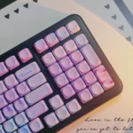 Vibrant PBT Geometric Gradient Keycap Set in serene pink-blue, dye-sublimated with clean patterns, shown from multiple views.