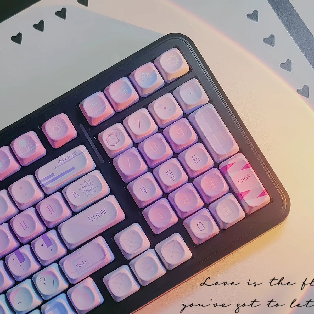 Vibrant PBT Geometric Gradient Keycap Set in serene pink-blue, dye-sublimated with clean patterns, shown from multiple views.
