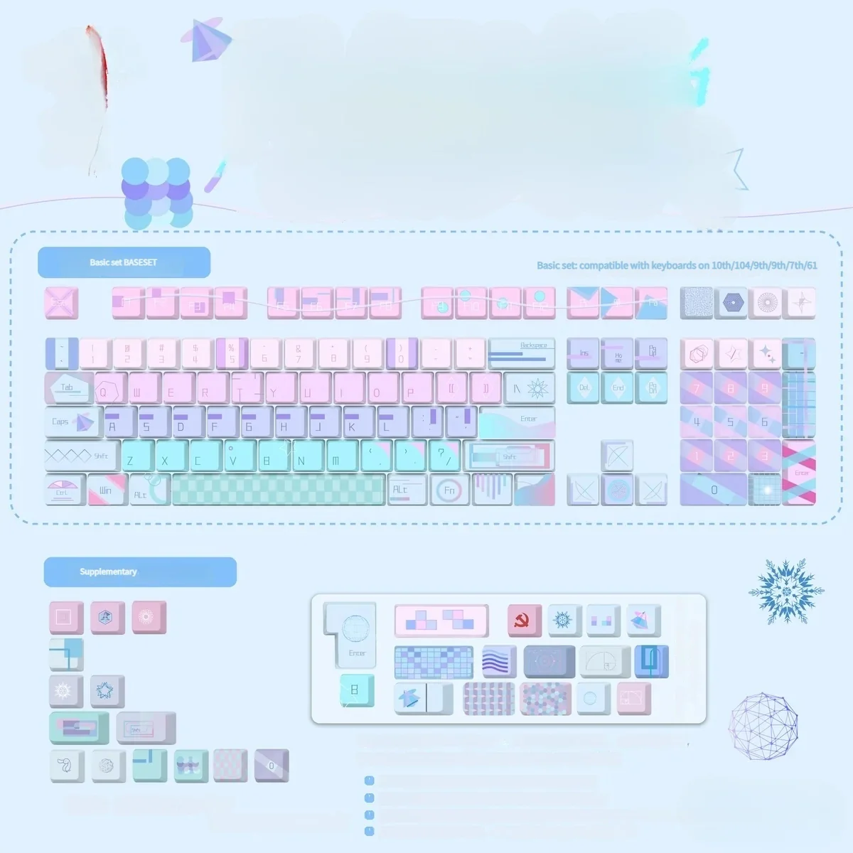 Artistic original factory opaque small full set PBT geometric gradient keycaps set in serene pink-blue, dye-sublimated clean patterns for modern desktop.