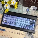 Enchanting Ghost Cat Moon Rabbit PBT keycaps set in mystical black and purple, featuring lunar cat and rabbit artistry from multiple premium angles.