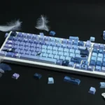 Enchanting Ghost Cat Moon Rabbit PBT Keycaps Set in a mystical black and purple design, showcasing lunar cat and rabbit anime artistry.