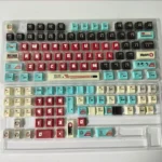 Close-up of premium Godzilla backlit keycaps set, revealing intricate mechanical details and vibrant translucent elements from a unique angle.