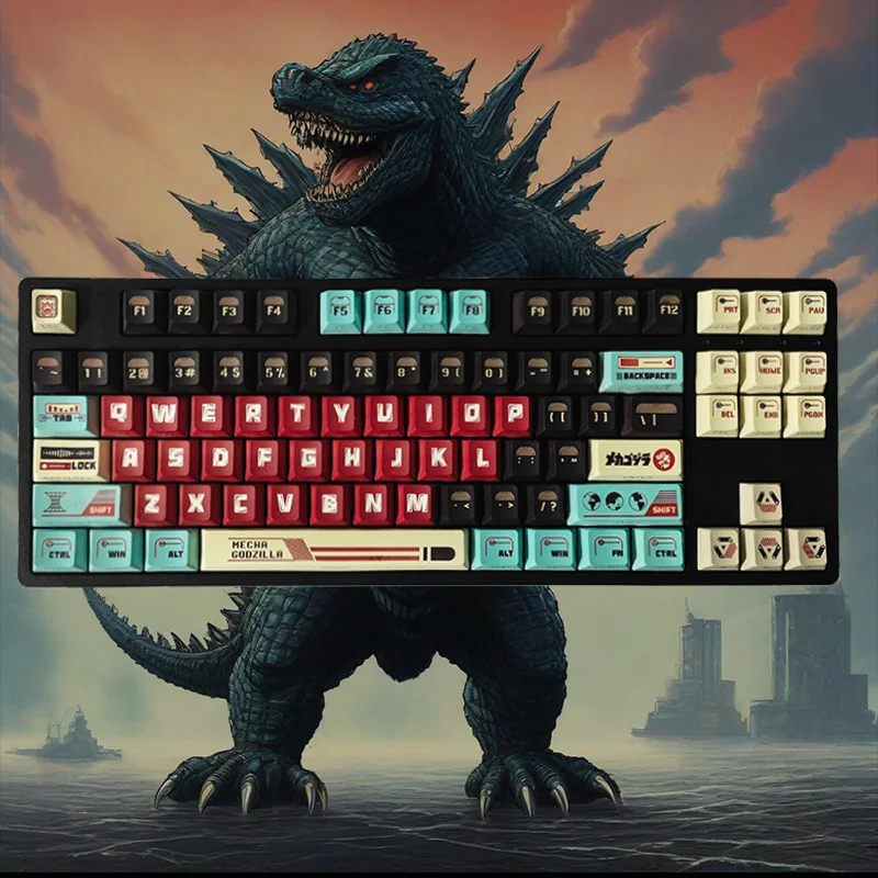 Iconic Godzilla backlit keycaps set showcasing intricate mechanical details and vibrant translucent elements for a premium epic keyboard experience.