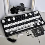Multiple angles of the Gothic Lace PBT Keycap Set, highlighting unique intricate black lace patterns and elegant monochromatic design.