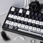 Gothic Lace PBT Keycap Set images show intricate black lace patterns, dreamlike gothic motifs, and the unique design from multiple angles.