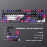 Vibrant red and purple graffiti PBT keycaps set, a 126-key original height set featuring dynamic urban street art aesthetics, presented in a box.