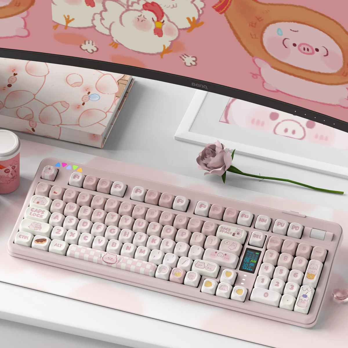 Adorable Greedy Pig PBT keycap set from a unique angle, showing the cute food-inspired dye-sub characters in soft colors.