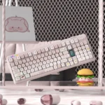 Close-up of the adorable Greedy Pig PBT Dye-Sub keycap set, showcasing vibrant, food-inspired cartoon characters in detail.