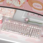 Adorable Greedy Pig PBT dye-sub keycap set featuring playful food-inspired cartoon characters in vibrant, soft colors.