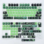 An artistic view of the exclusive DC Green Lantern side-engraved keycaps set, highlighting the iconic insignia in vibrant green and black from various angles.