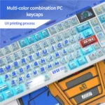 Detailed views of the iconic RX-78-2 Gundam PC transparent keycap set, highlighting its futuristic design, vibrant colors, and sharp UV printed details.