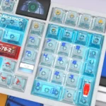 RX-78-2 Gundam PC transparent keycap set, displaying its iconic colors, futuristic clarity, and crisp UV prints from various angles.