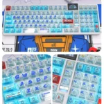 Iconic RX-78-2 Gundam PC transparent keycap set, displaying futuristic clarity and vivid UV printed details from various perspectives.
