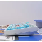 Premium RX-78-2 Gundam PC transparent keycap set, showcased from multiple angles, revealing iconic colors and sharp, futuristic UV prints.
