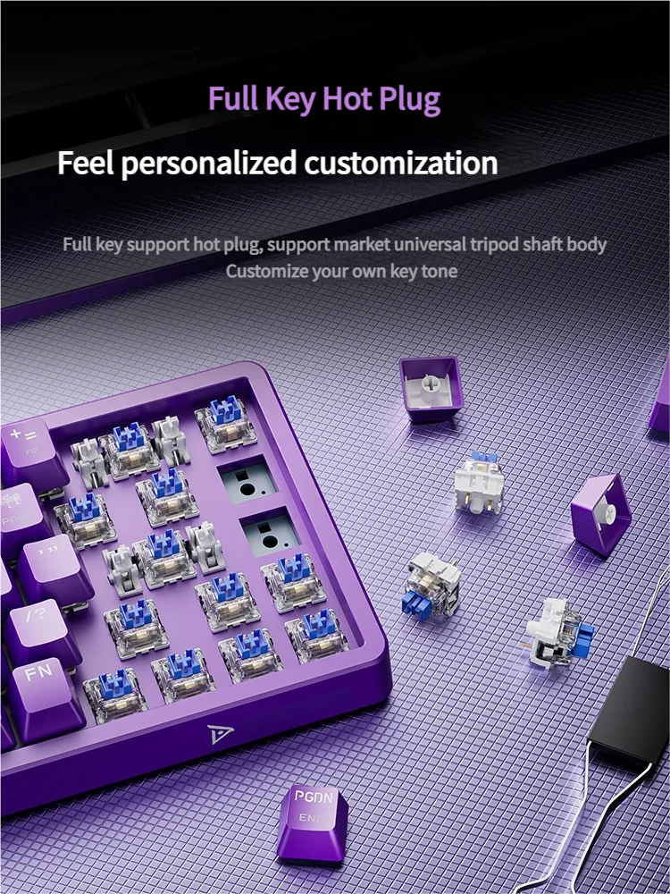 Gallery of the Hacker KB02 tri-mode gaming keyboard, revealing its hot-swappable, compact design and dynamic RGB lighting for premium customization.