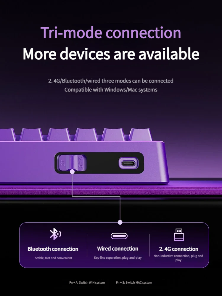 Premium Hacker KB02 Tri-Mode Gaming Keyboard gallery, showcasing its compact, hot-swappable design and dynamic RGB lighting from various angles.