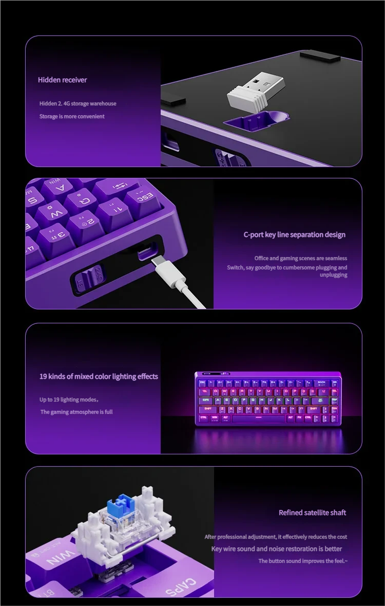 Close-up of the Hacker KB02 Tri-Mode Gaming Keyboard highlighting its dynamic RGB lighting and compact, premium build for an immersive gaming experience.