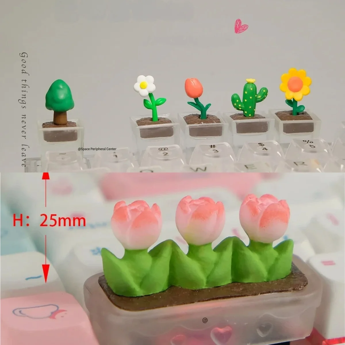 Handcrafted botanical art resin artisan keycap, showcasing a vibrant miniature world of real tiny plants encased in clear, shimmering resin.