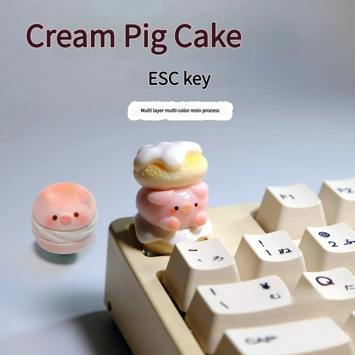 Adorable 3D handmade pig keycap, custom sculpted with whimsical pastel colors. This gallery shows various angles of the unique dessert-inspired piggy design.