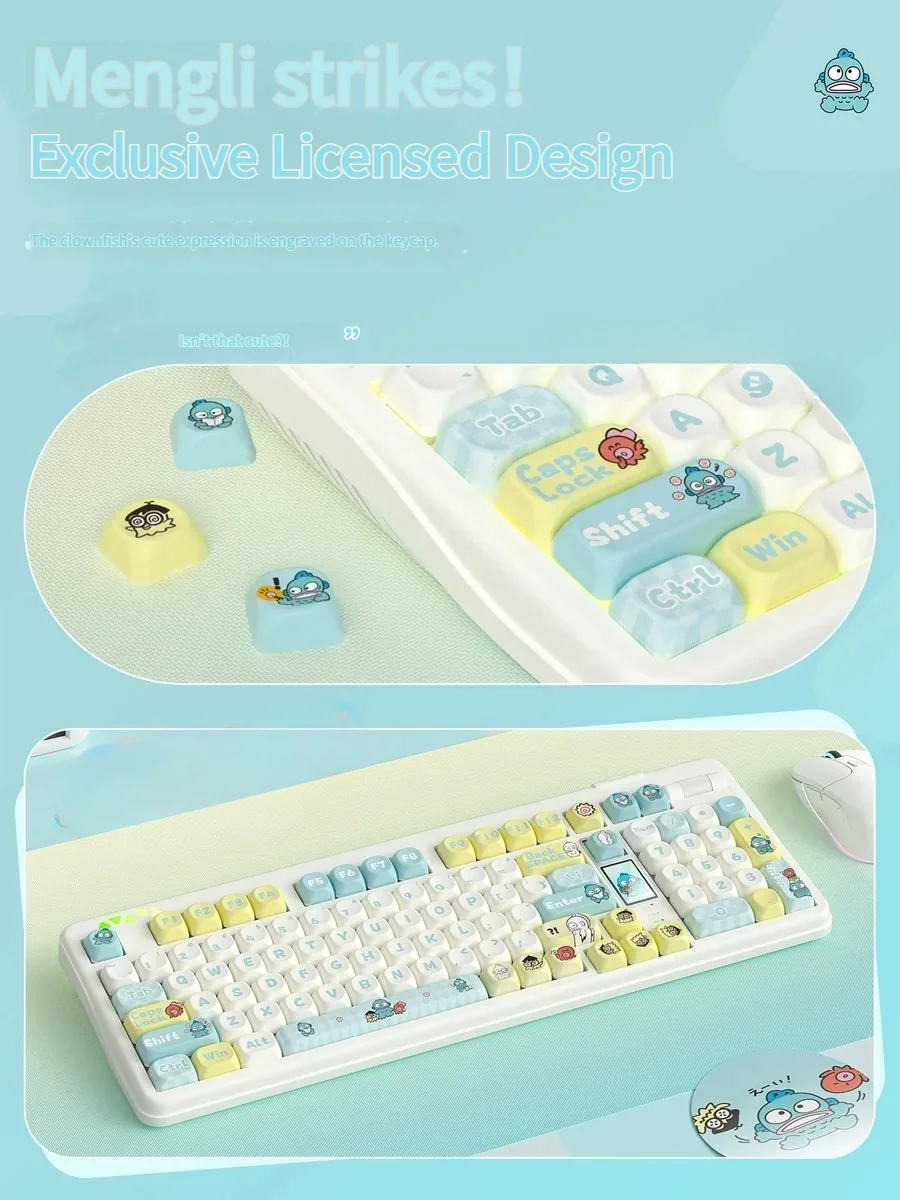 Exclusive Hangyodon Clownfish PBT keycaps set displayed from multiple angles, highlighting vibrant oceanic hues and playful character art on each angles.