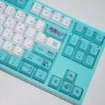 Vibrant Hatsune Miku keycaps set from multiple angles, showcasing their radiant 4-sided translucent design and captivating light-diffusing glow.