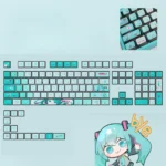Captivating Hatsune Miku keycaps set gallery, revealing the radiant 4-sided translucent design and vibrant light-diffusing effects from various artistic angles.