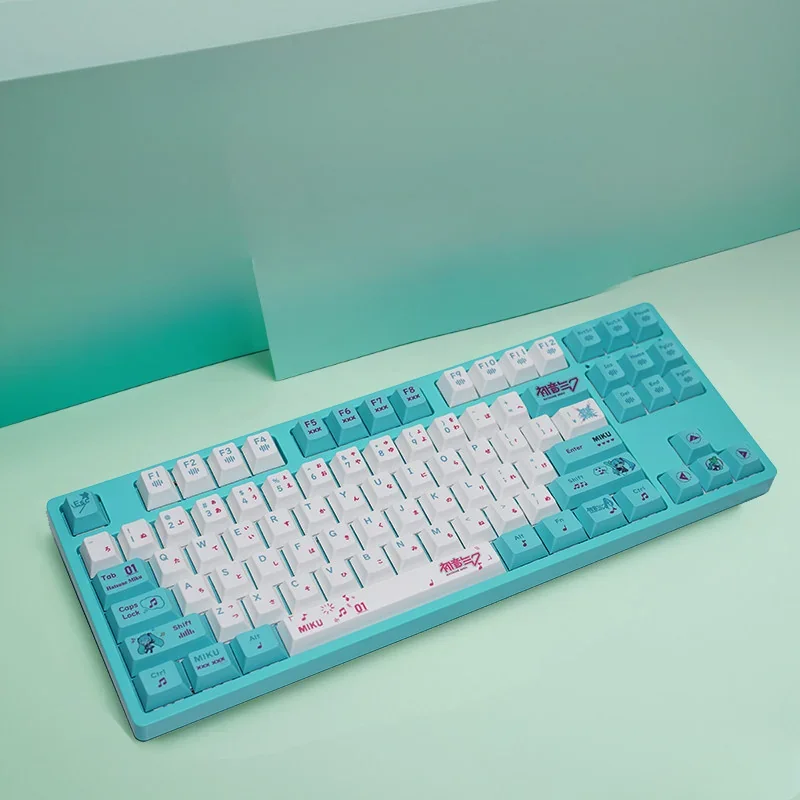 Vibrant Hatsune Miku Keycap set showcasing their radiant 4-sided translucent design, beautifully diffusing light for an artistic keyboard aesthetic.
