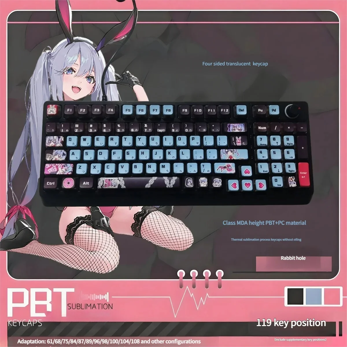 A gallery view of the Hatsune Miku Rabbit Hole translucent keycap set, displaying its vibrant, ethereal anime-inspired glow and dynamic RGB effects.