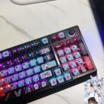 Hatsune Miku Rabbit Hole translucent keycaps set, multiple views highlighting its vibrant, ethereal anime fantasy art and dynamic RGB translucency.