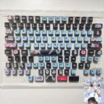 Hatsune Miku Rabbit Hole translucent keycaps set from various angles, showcasing vibrant anime-inspired designs and ethereal RGB glow.