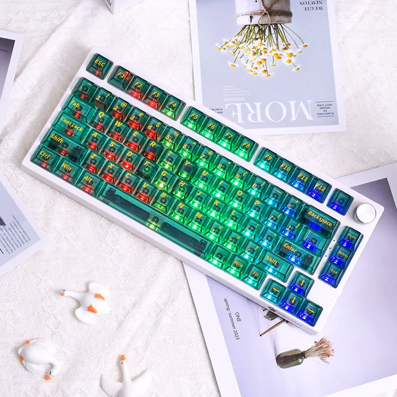 Vibrant tropical Hawaiian PC dye-sub keycaps set with a translucent glow, showcasing lush light green details perfect for a playful keyboard paradise.