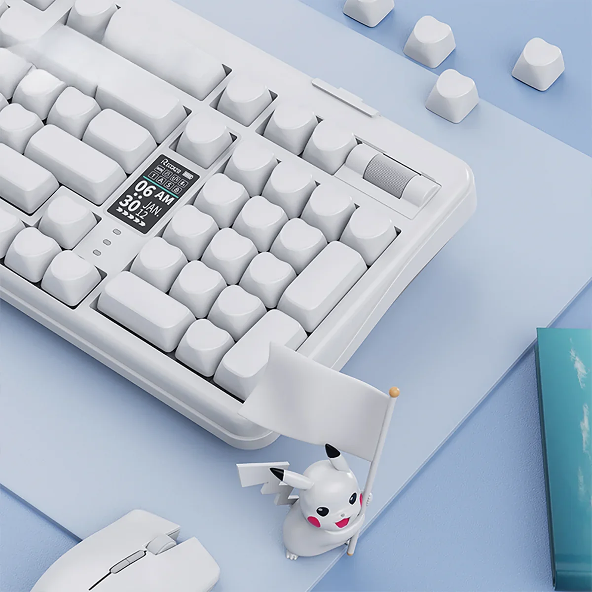 Heart PBT Keycap Set gallery: minimalist pure white design with delicate heart motif, shown from various angles. Durable PBT material for premium.