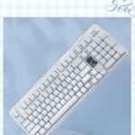 Close-up views of the minimalist pure white Heart PBT Keycap Set, highlighting its durable PBT material and elegant heart motif from multiple angles.