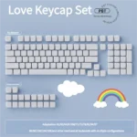 Close-up of a minimalist pure white PBT heart keycap set, highlighting its durable texture and subtle, elegant design for a sophisticated keyboard.