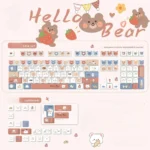 A collection of Hello bear emoji PBT keycaps set shown from various angles, highlighting their durable white design for a playful touch.