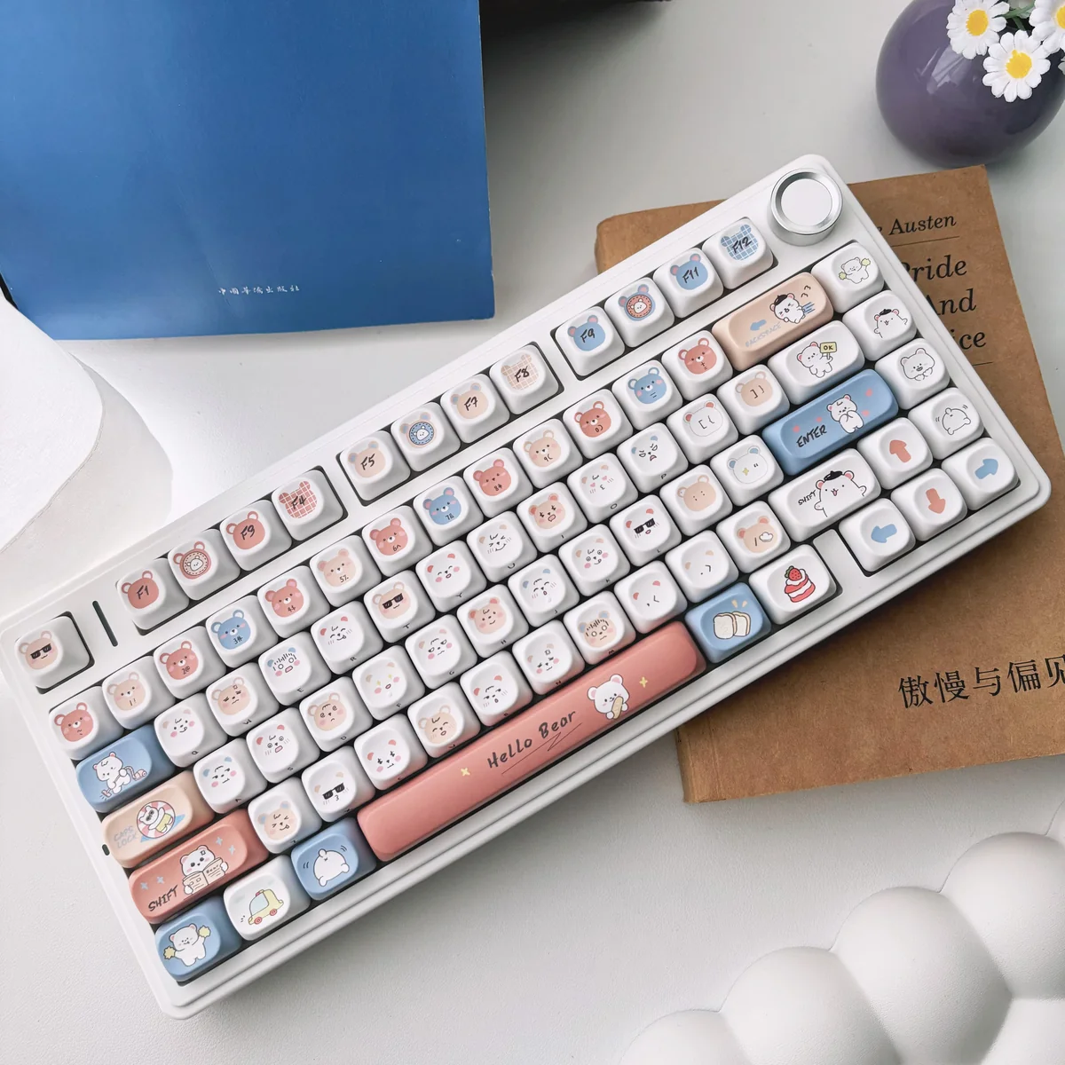 Hello bear emoji PBT keycaps set brightly illuminate a keyboard, showcasing their cute shine-through design. These durable PBT keycaps feature a vibrant design.