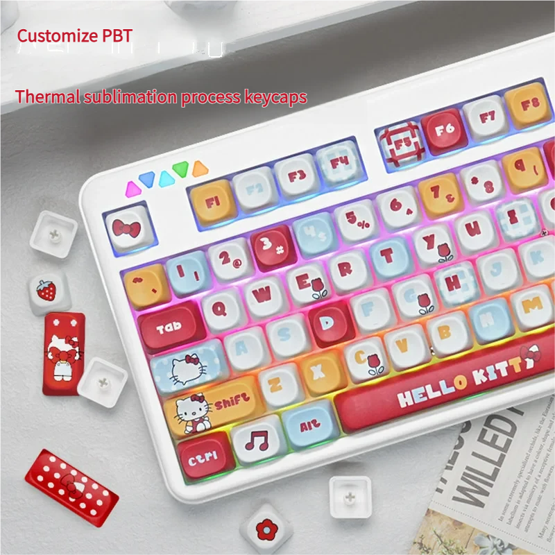 Vibrant Hello Kitty MOA profile keycap set gallery showcasing its smooth pastel design and iconic character art from multiple playful angles.