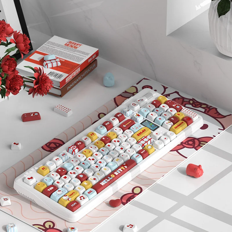 Playful Hello Kitty MOA profile keycap set in vibrant pastels, shown from multiple angles highlighting its iconic art and smooth, ergonomic design.