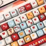 Stylish Playful Hello Kitty MOA profile keycap set photos, displaying iconic character art, smooth pastel aesthetic, and its unique shape in different angles.