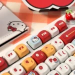Playful Hello Kitty MOA profile keycap set photos, displaying iconic character art, smooth pastel aesthetic, and its unique shape from different angles.