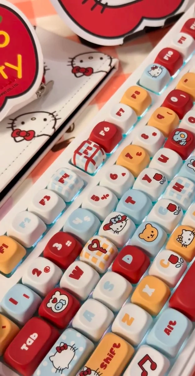 With the Playful Hello Kitty MOA profile keycap set photos, displaying iconic character art, smooth pastel aesthetic, and its unique shape from different angles.