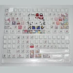 A playful gallery of Hello Kitty side-engraved backlit keycaps set from various angles, showcasing charming graphics and vibrant RGB glow on a mechanical keyboard.