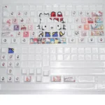 Playful Hello Kitty side-engraved backlit keycaps set shown from multiple angles, highlighting the charming graphics and vibrant RGB illumination.