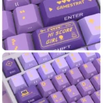 Vibrant Hi Score Girl 60/68 PBT keycaps set featuring playful side-printed anime characters and translucent legends, perfect for backlit retro arcade setup.