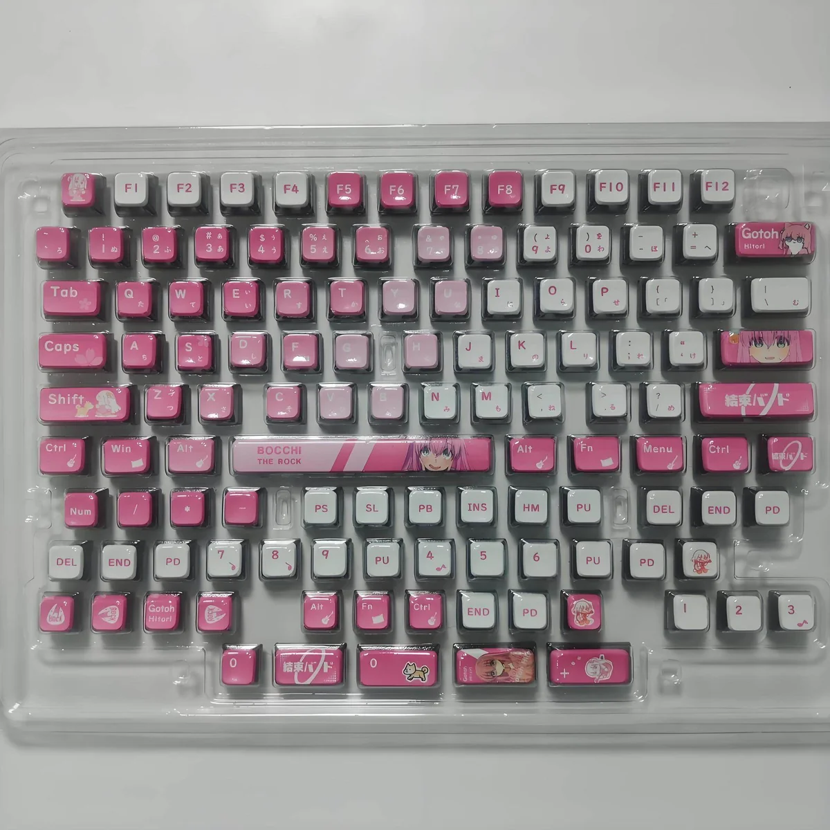 Vibrant Bocchi the Rock! backlit keycaps set displays playful anime art and illuminating four-sided translucent effects from various angles.