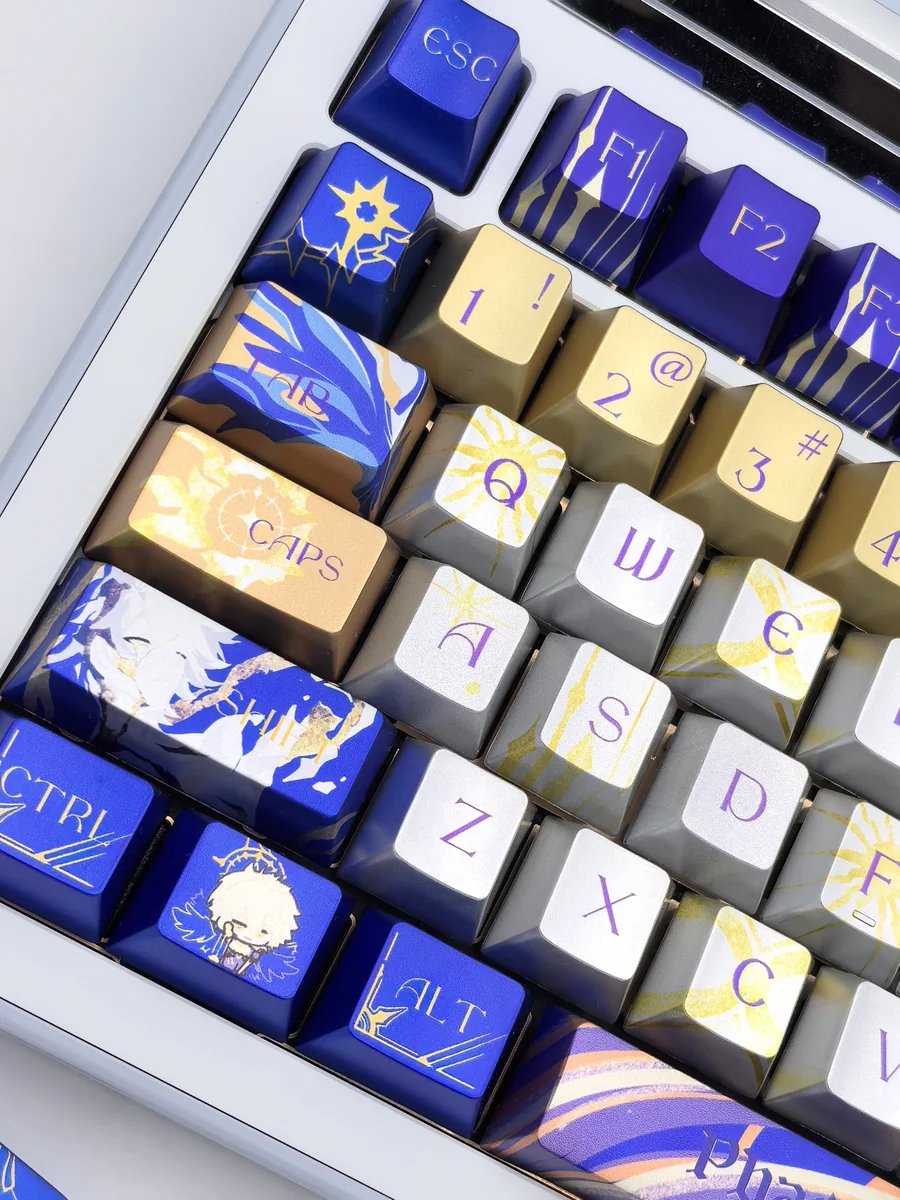 A collection of detailed images showcasing the Phainon Honkai Star Rail metallic coating artisan keycap set from various angles, highlighting its handcrafted finish design.