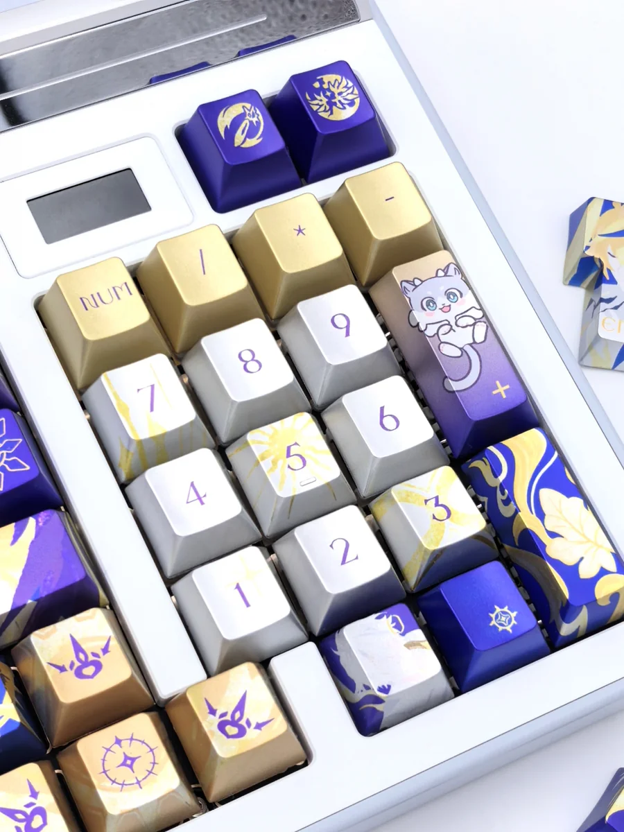 Close-up views of the Phainon Honkai Star Rail metallic coating artisan keycap set, showcasing its handcrafted finish and intricate futuristic anime design from mulltiple.